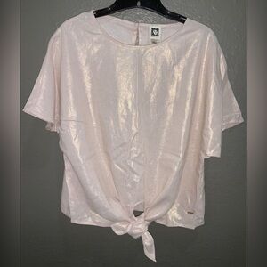 NWT ANNE KLEIN Pink & Gold Linen Blend Pearlescent Sz M Bowed Front Hem Luxury